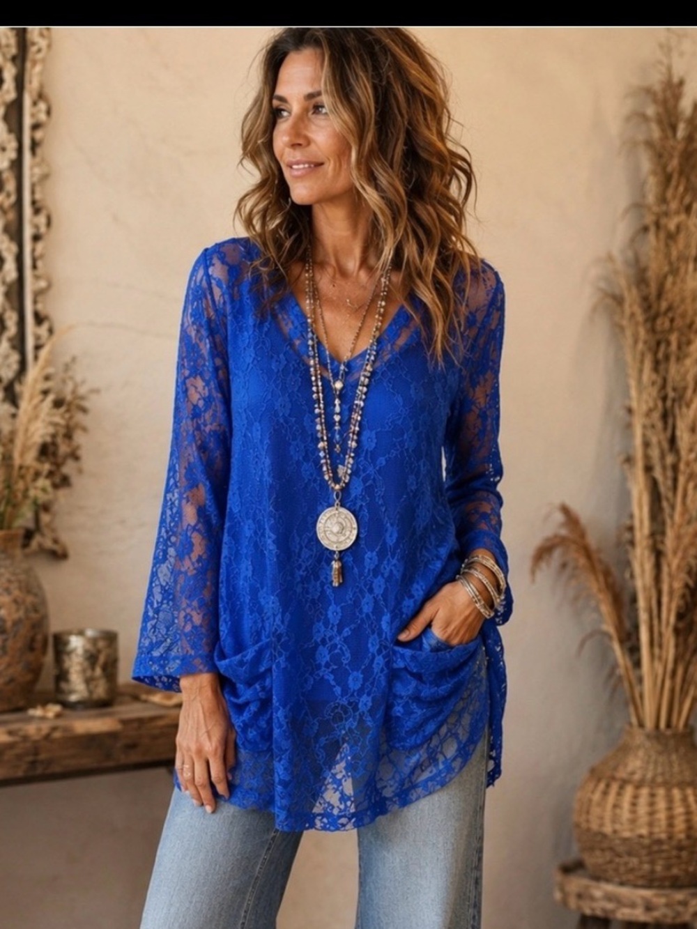 Blue Lace V-Neck Long Sleeve Women's Top